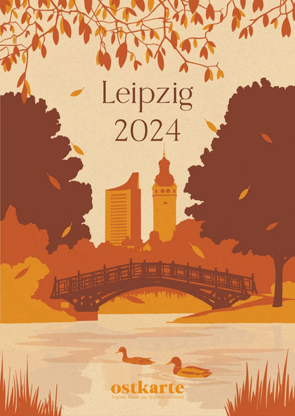 Cover des Leipzig Kalenders 2024: Blick auf die Innenstadt aus dem Johannapark